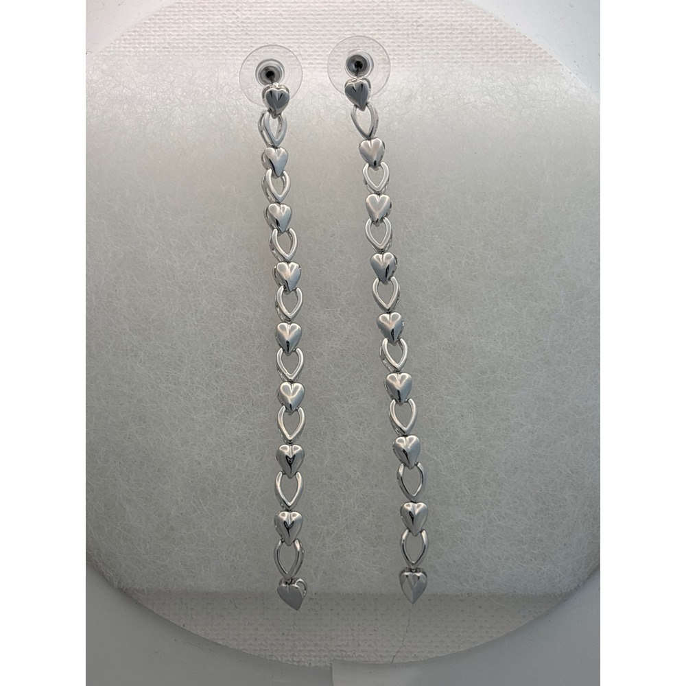 Earrings Silver Tone Metal Push Back Heart Link Dangle Romantic Style New